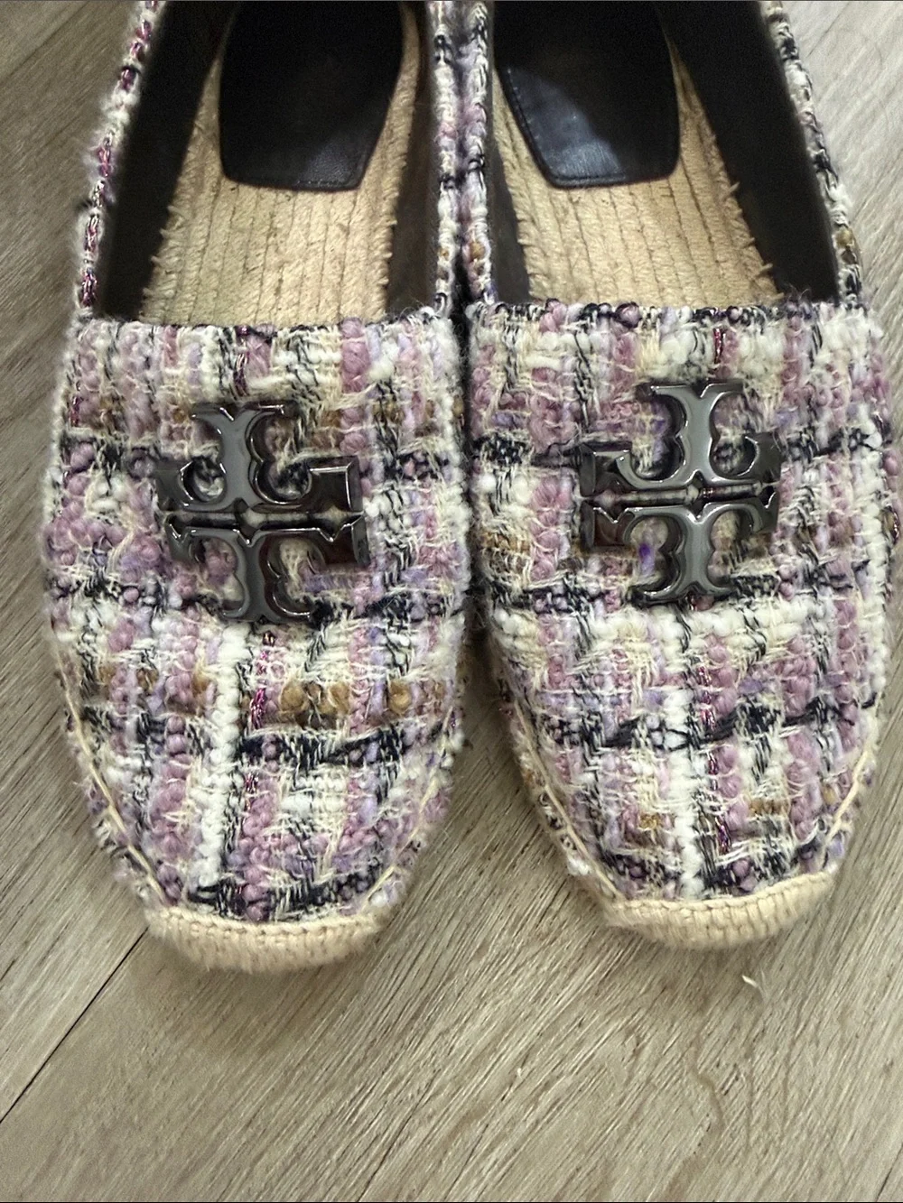 Tory Burch Pink and Cream Tweed Espadrille Loafers with Logo